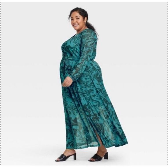 NWOT Ava & Viv Blue & Gray Balloon Sleeve Cinched Swirl Print Mesh Maxi Dress - Picture 3 of 6